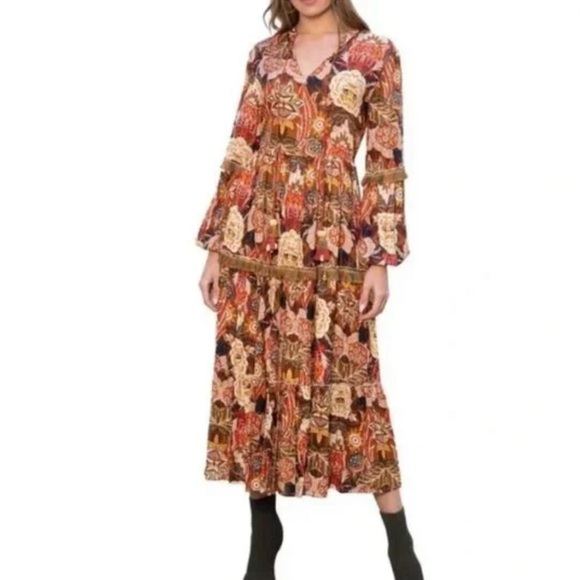 Barok Midi Dress Brown Floral Gold Threads Tassels M/L - Picture 1 of 11